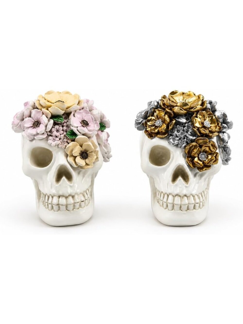 White Cream 2 Gothic Floral Skull Figurines Pastel Resin Halloween Day of Dead